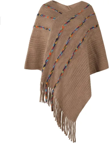 Vista 7 de Poncho de punto elegante para mujer con patrones de rayas y lados con flecos suéter de otoño para mujer