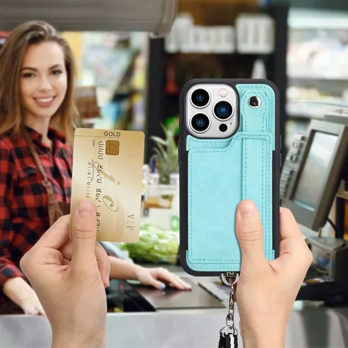 Vista 6 de TOOVREN Funda tipo cartera para iPhone 14 Pro Max con tarjetero y cordón para iPhone 14 Pro Max, funda con correa para cartera, soporte de cuero