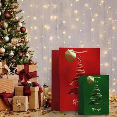 Vista 7 de easykart labels 12 bolsas de regalo de Navidad, rojo y verde metálico y acabado de textura con árbol de Navidad dorado y brillante, varios tamaños