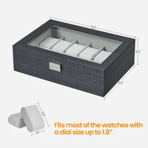 Vista 7 de Hzuaneri Caja de reloj, regalos de Navidad, caja de reloj de 12 ranuras con tapa de vidrio grande, almohadas de reloj extraíbles, organizador