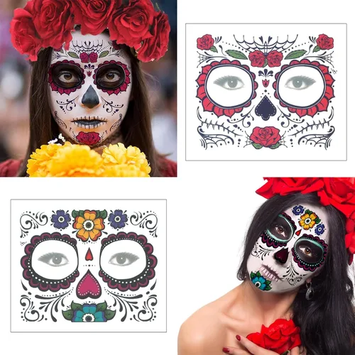 Vista 6 de Tatuajes faciales del Día de los Muertos, 8 hojas de tatuajes faciales temporales de calavera de azúcar para maquillaje de fiesta de Halloween