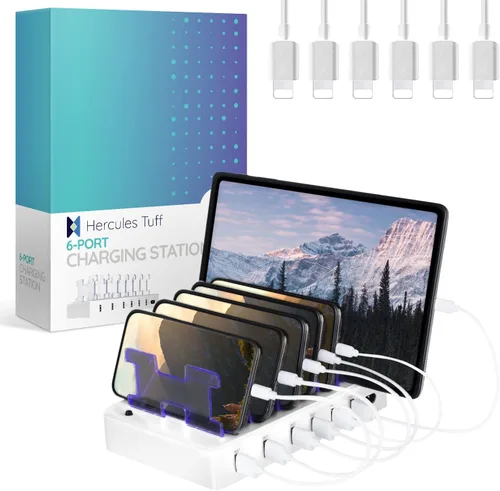 Vista 11 de Estación de carga para múltiples dispositivos – Base de carga USB de 6 puertos para Apple y Android – Organizador de carga múltiple rápida