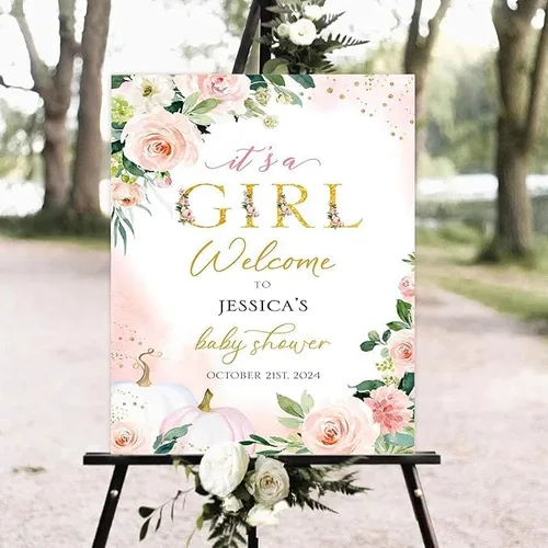 Vista 2 de Personalized It’s A Girl Baby Shower Welcome Sign, Custom Floral Girl Baby Shower Sign with Stand for Entryway Decor, Sweet Baby Shower Party Sign