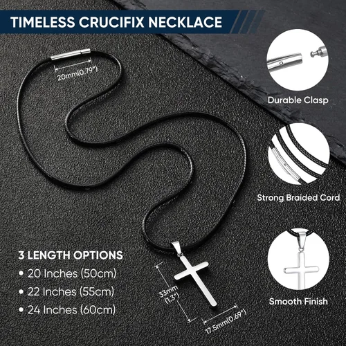 Vista 3 de MEALGUET Collar de cruz minimalista para hombres y mujeres: collares con colgante de cruz de plata lisa de acero inoxidable con cuerda de cera