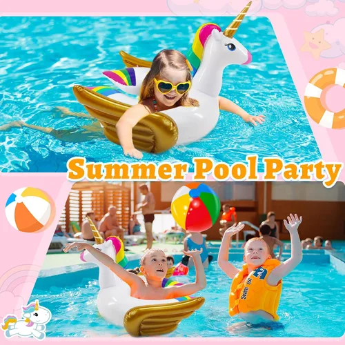 Vista 2 de Flotador de alberca iGeeKid, unicornio inflable, para natación, anillo de paseo, para fiestas, juguetes de verano, para playa, para niño de 3 a 12