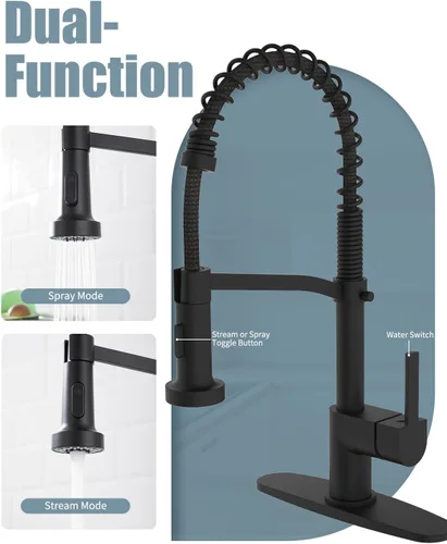 Vista 3 de Grifo de cocina negro con dispensador de jabón, grifo para fregadero de cocina, llave de fregadero de cocina con placa de cubierta, grifo de cocina