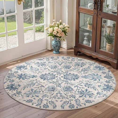 Vista 28 de jinchan Lima - Alfombra simétrica floral geométrica lavable, alfombra de entrada de medio círculo de 2 x 3, alfombra de media luna, suave y Azul