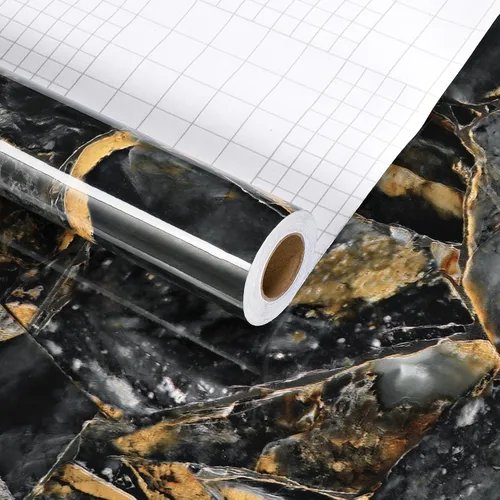 Vista 7 de Wallercity Papel tapiz de mármol negro y dorado brillante para encimeras de salpicaduras, autoadhesivo, impermeable, papel de contacto de mármol