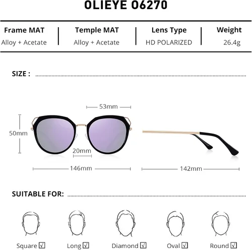 Vista 2 de Gafas de sol polarizadas OLIEYE para mujer - Gafas de sol con marco de metal ojo de gato UV400