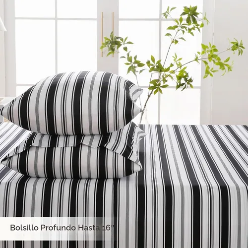 Vista 5 de MCO Juego de sábanas a rayas de 4 piezas, juego de sábanas Full transpirable con bolsillo profundo de 16", moderno y lujoso, juego de ropa de cama