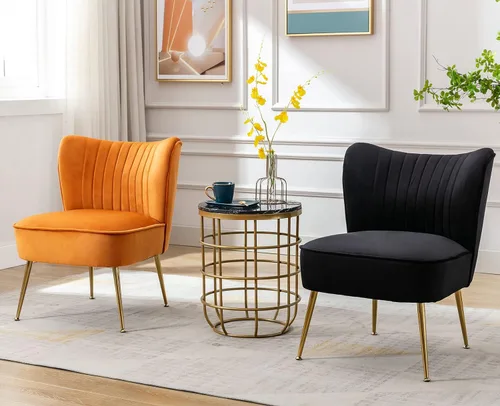 Vista 9 de Shunzhi Juego de 2 sillas decorativas de terciopelo negro con patas doradas, sillas laterales tapizadas modernas de mediados de siglo