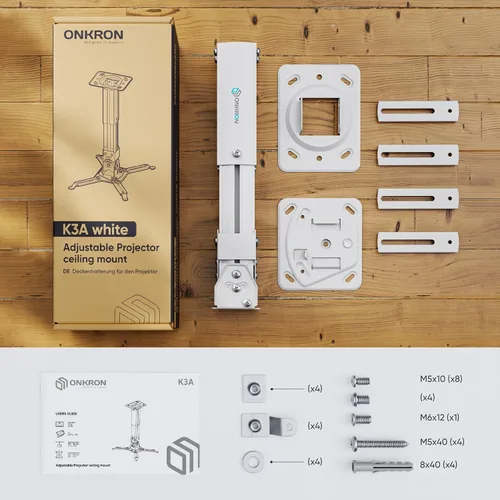 Vista 7 de ONKRON - Soporte de techo para proyector, máximo 22 libras, soporte universal, color blanco Projector mount with 11.4-15.3" height adjustable arm