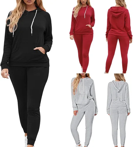 Vista 2 de Conjuntos de descanso para mujer, trajes de temporada para correr, sudadera con capucha y pantalones largos, Rosado