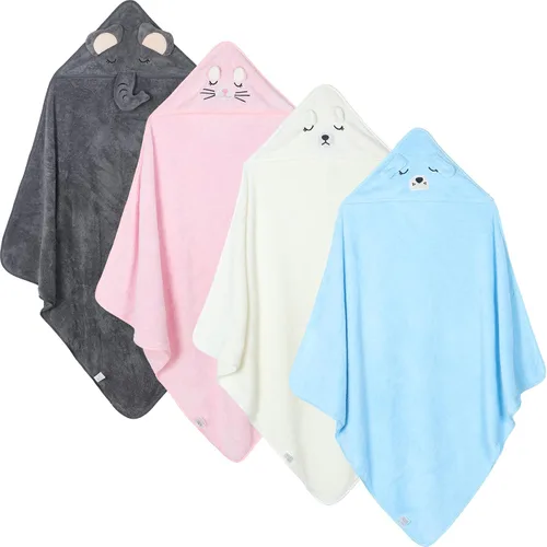 Vista 8 de Eccliy Paquete de 4 toallas de baño para bebé, cara de animal, forro polar coral, poncho para niño y niña (gatito, cachorro, oso, elefante)