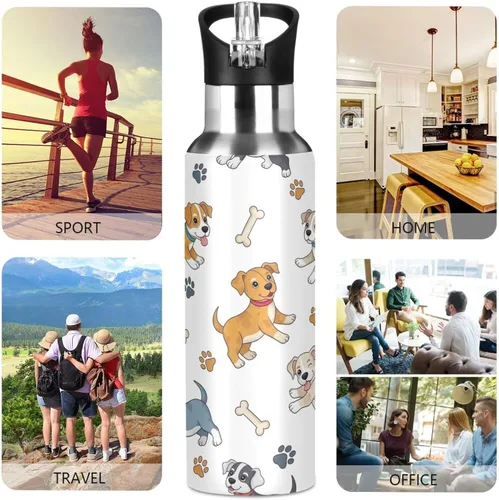 Vista 5 de Paw Prints Dog Bones White Stainless Steel Vacuum Insulated Water Bottle 20 Oz Leakproof Water Bottles, BPA-Free Sports Water Bottle with Straw