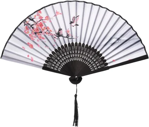 Vista 6 de QIRMIZI 5 ventiladores de mano – Elegantes ventiladores plegables de seda con marcos de bambú, ventilador plegable de flecos huecos, ventilador
