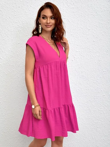 Vista 3 de WDIRARA Vestido con cuello en V profundo y mangas casquillo texturizadas con dobladillo con volantes para mujer