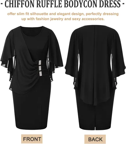 Vista 2 de LALAGEN Vestido de gasa para mujer, talla grande, con volantes, manga casquillo favorecedora, vestido de tubo para fiesta, S-XXXL