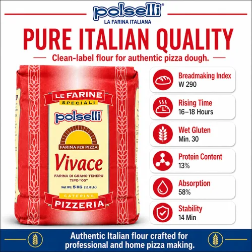Vista 3 de Vivace, Tipo "00" Harina Doble Cero, Harina OO, Napoletana, Romana, Mezcla Tradicional para Masa de Pizza, Pasta, Pan, (5 kg) 11 lbs por Polselli