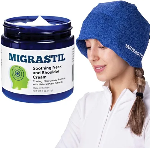 Basic Vigor Migrastil Crema calmante para cuello y hombros y MigraFreeze Deluxe MigraFreeze - Sombrero de cabeza para migraña