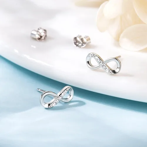 Vista 8 de Aretes de plata de ley 925 para mujer, diseño de infinito, corte redondo, circonita cúbica