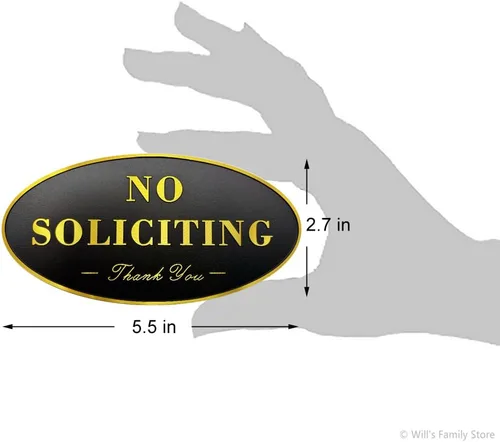 Vista 2 de Placa autoadhesiva de aluminio con texto en inglés "No Soliciting Thank You", color negro y dorado, 5.5 x 2.7 pulgadas