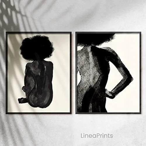 Vista 2 de Set of Two Minimalist Nude Line Art Printable wall art, Black woman art, Female Figure line drawing, feminist print, Afro natural hair
