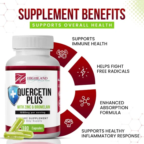 Vista 4 de Quercetina Plus Bromelina y Zinc 180 cápsulas – Suplemento de apoyo inmunológico para adultos, adolescentes y personas mayores – Quercetina