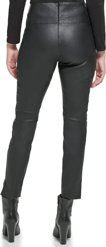Vista 4 de Karl Lagerfeld Paris Pantalones de cuero elástico con cremallera para mujer con detalle de puntada superior