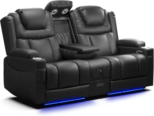 Vista 10 de Sofá reclinable eléctrico, asiento de cine en casa con consola abatible, sofá biplaza reclinable de pared con luz LED, puertos USB, sofá de casa