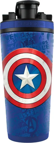Vista 3 de WinCraft Coctelera de hielo de acero inoxidable 4D de 26 oz Marvel Capitán América Azul Rojo