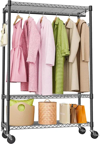 Vista 23 de M MZG Perchero resistente con ruedas de 3 niveles de alambre ajustable con 3 varillas y ganchos laterales, estante de ropa para armario, color Negro