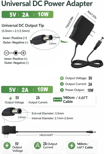Vista 4 de Fuente de alimentación de 5 V CC, adaptador de CA de pared de 2 A, 100-240 V, 50-60 Hz a CC, cable adaptador de corriente de 2 amperios con enchufe