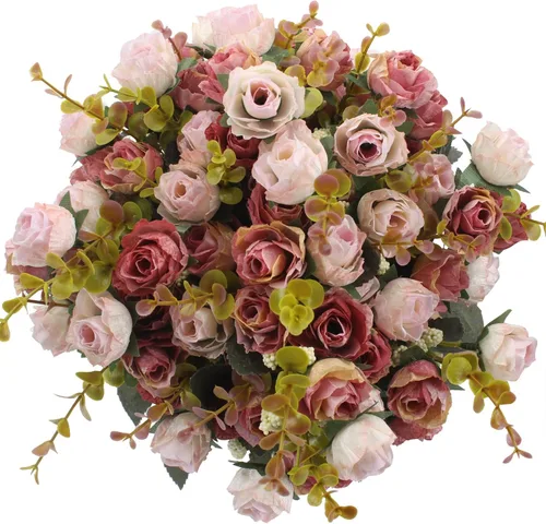 Vista 6 de Duovlo 7 ramas de 21 cabezas de rosas artificiales, ramo de flores artificiales para decoración de boda, hogar, oficina, paquete de 2