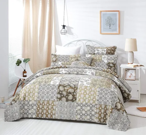 Vista 6 de DaDa Bedding - Colcha de algodón bohemio con retazos florales, diseño de filigrana marroquí, cachemira, verde oliva, marrón, reversible, multicolor