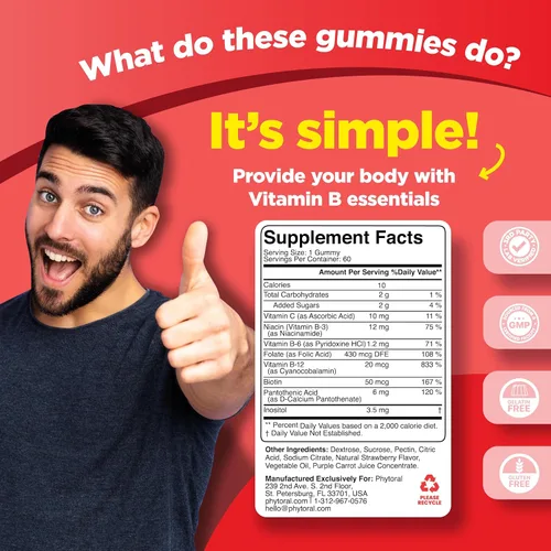 Vista 7 de Gomitas de complejo de vitamina B para adultos y niños, complejo de vitaminas B con tiamina, riboflavina, niacina, 6, 12 y folato, suplemento