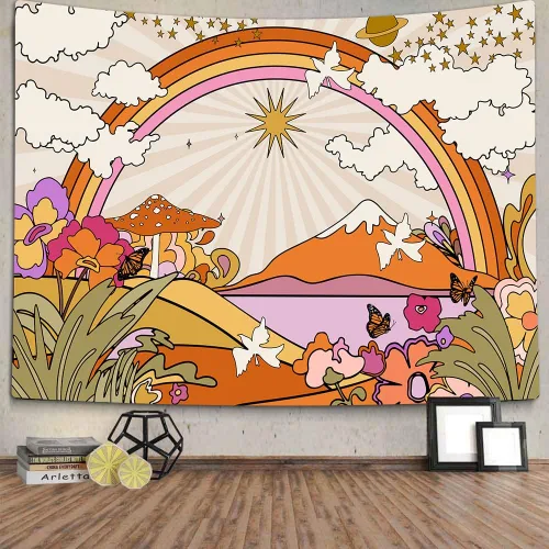 Vista 9 de TOMOZ Tapiz vintage de los años 70 y 60, diseño retro de flores, nubes, sol y arco iris, tapiz para colgar en la pared, tapiz psicodélico bohemio
