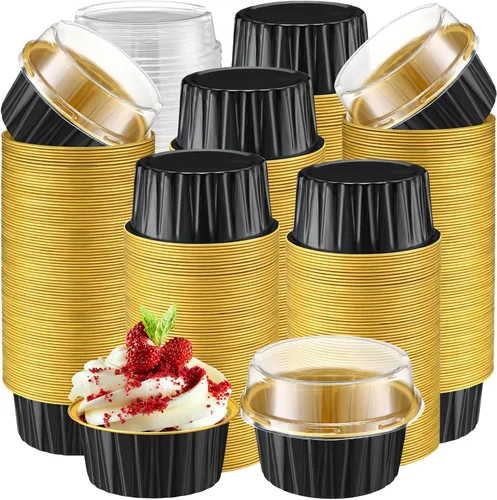 Vista 23 de Gejoy - 400 tazas para hornear de papel de aluminio con tapas, 5 onzas, clásico, negro