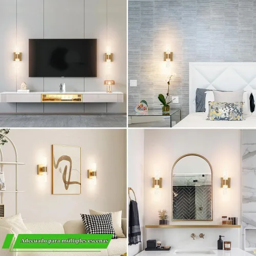 Vista 4 de Juego de 2 apliques de pared LED de cristal, lámparas de baño de oro cepillado, modernas luces de baño con LED con cable para dormitorio, sala