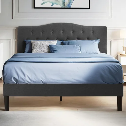 Vista 15 de VECELO Base de cama de plataforma de tamaño individual con cabecera tapizada de tela y soporte de listones de madera, no necesita somier/fácil Beige