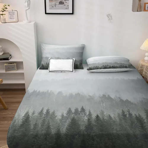 Vista 2 de Misty Forest Sábanas tamaño individual, sábanas de árbol natural, sábanas y fundas de almohada estampadas de 3 piezas, sábana bajera ajustable