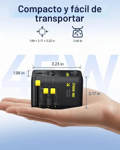 Vista 6 de Baseus Adaptador de enchufe de viaje europeo de 45W, adaptador de corriente universal 6 en 1 con cable retráctil USB-C, carga rápida PD GaN