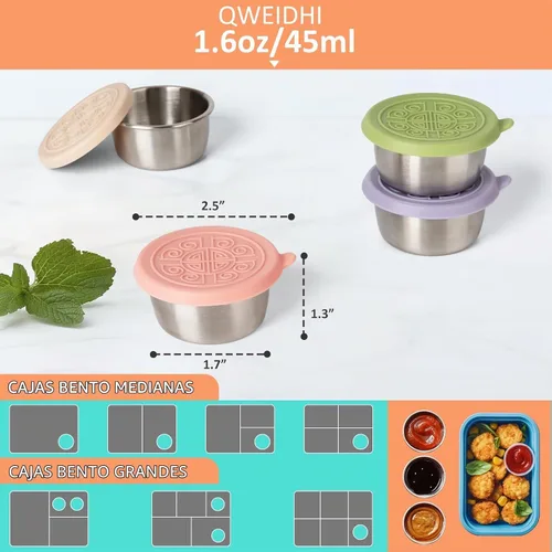 Vista 2 de 3 tazas de aderezo para ensalada de acero inoxidable de 1.6 onzas con tapa de silicona a prueba de fugas, recipiente de salsa reutilizable, caja