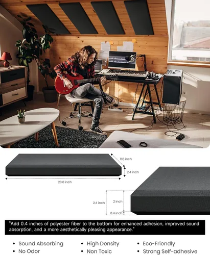 Vista 4 de Moukey - Paneles acústicos de 4 piezas, paneles de pared insonorizados de fibra de vidrio de 2.4" de espesor, 24"x12", paneles absorbentes de sonido