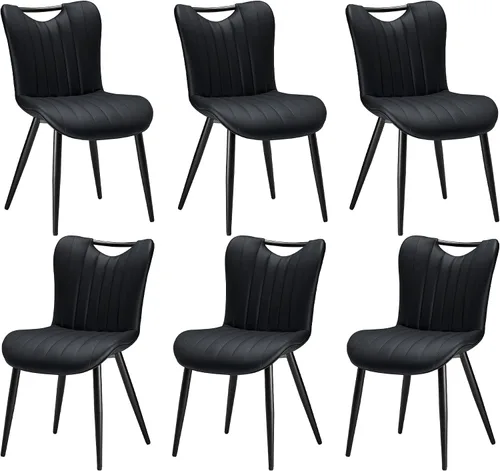 Vista 8 de Juego de 2 sillas de comedor tapizadas de cuero, modernas sillas de comedor de cocina de mediados de siglo con patas de metal negro, sillas