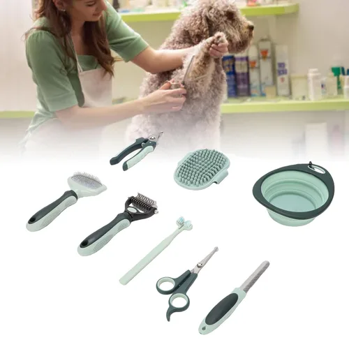 Vista 5 de Luocute Juego de 8 piezas de aseo para perros y gatos, cepillo de baño profesional con rastrillo para cortar uñas, cepillo de dientes, bolsa