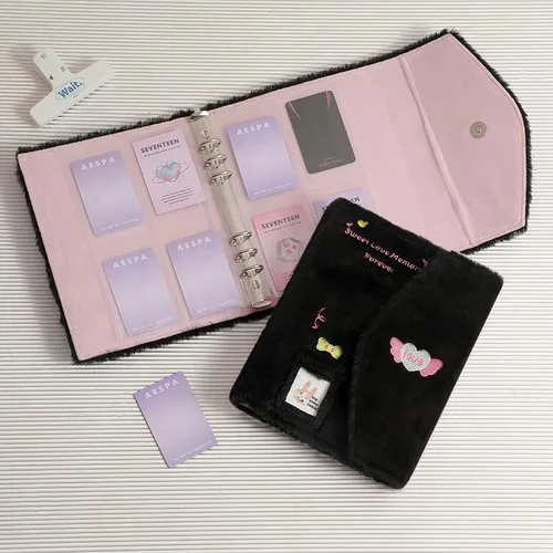 Vista 6 de Carpeta A5 Kpop - Álbum de fotos de felpa con 20 fundas interiores de 3 pulgadas para álbum de fotos en hojas sueltas, rellenable, 6 anillos, Negro