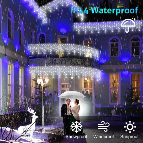 Vista 6 de Luces de carámbano de Navidad de 49 pies, 128 funciones, para exteriores, con 504 LED, 8 modos y temporizador, cortina de luces para exteriores