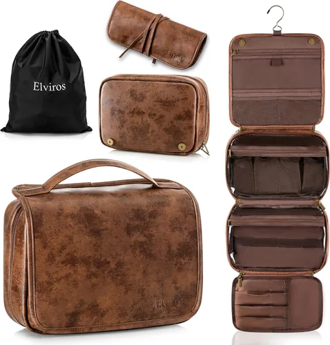 Vista 13 de Elviros Neceser colgante para hombres y mujeres, 3 en 1, organizador de viaje grande impermeable de piel sintética, bolsa de maquillaje dopp kit