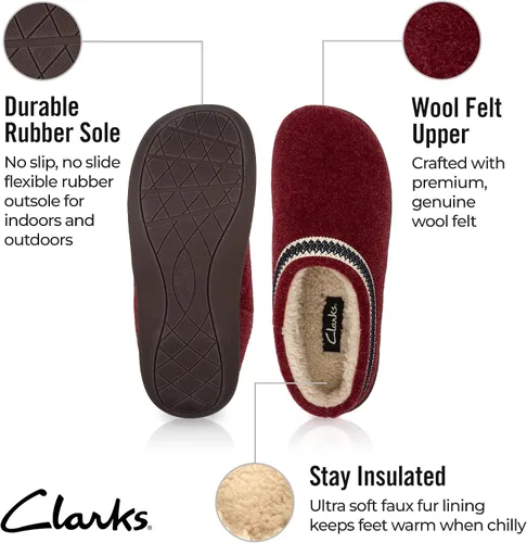 Vista 3 de Clarks Pantuflas tipo zueco de fieltro de lana para mujer JMH1319T - Cálidas y acogedoras con forro de piel sintética afelpada - Pantuflas de casa
